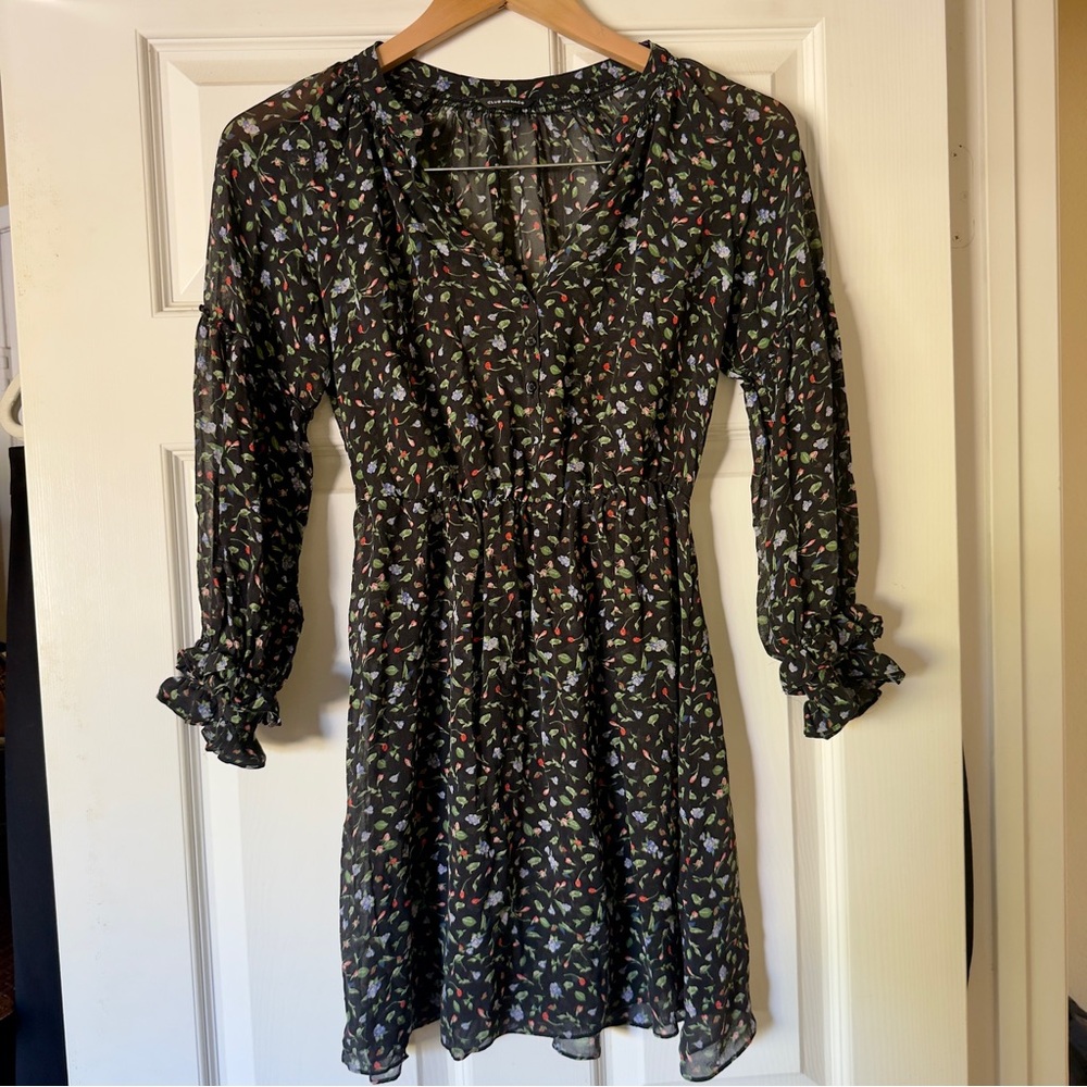 Club Monaco Taisie Mini 100% Silk Floral Sheer Long-Sleeve V-Neck Dress - 00